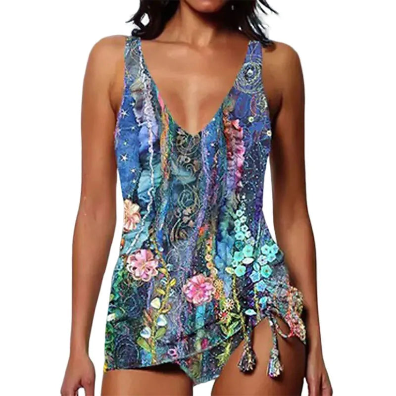 Women's printed triangle bikini top and shorts swimsuit set in spandex fabric.