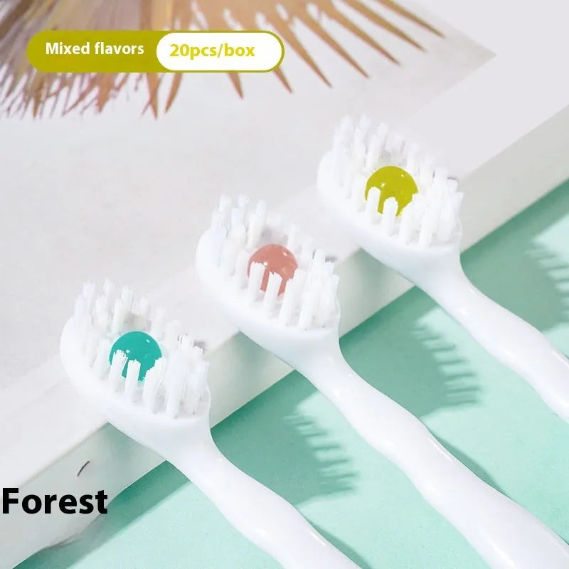 Box of 20 disposable bead toothbrushes with mint, peach, and plum green tea flavour options.