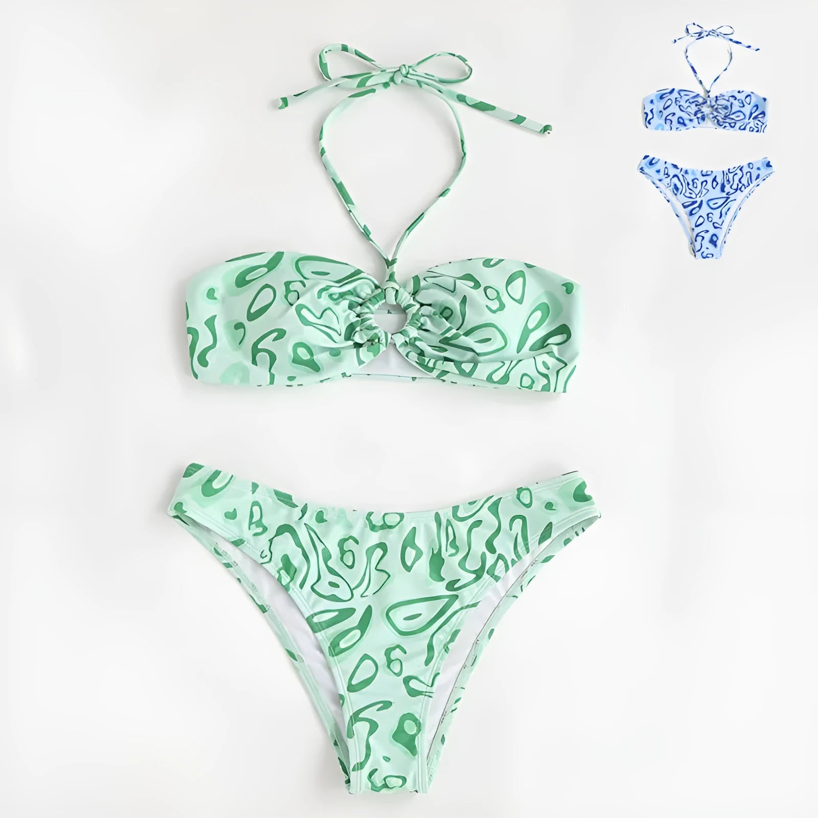 Women's floral bandeau bikini swimsuit set in blue colour with split design
