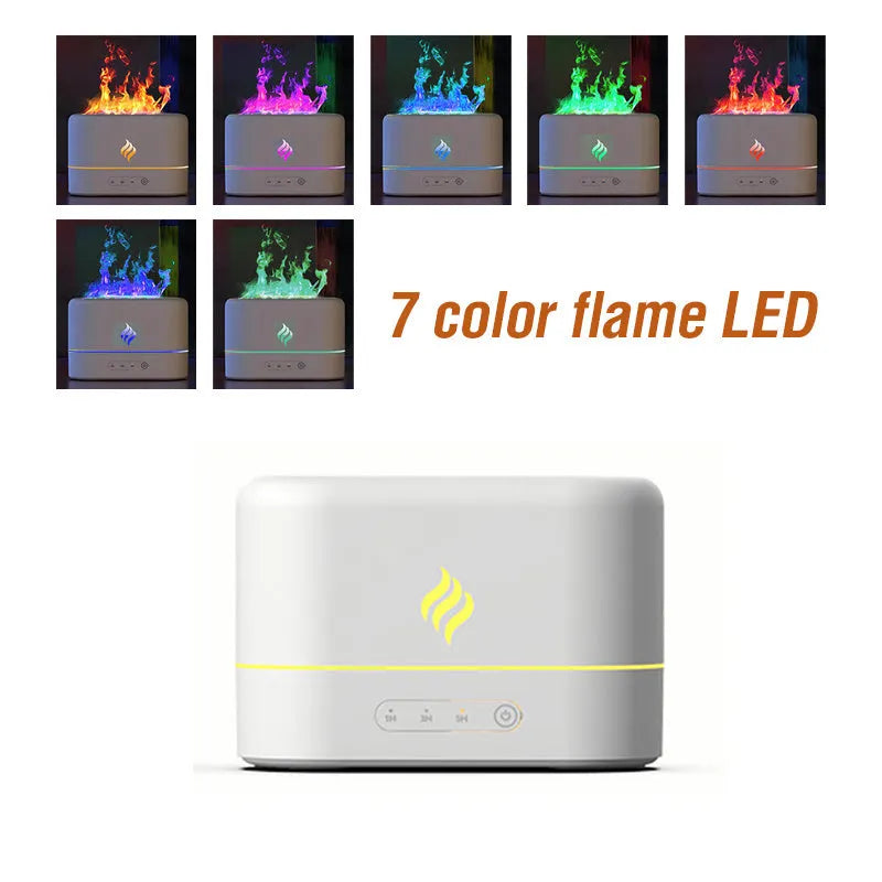 Seven-colour flame effect humidifier with black plastic housing showing mist outlet and USB power connection