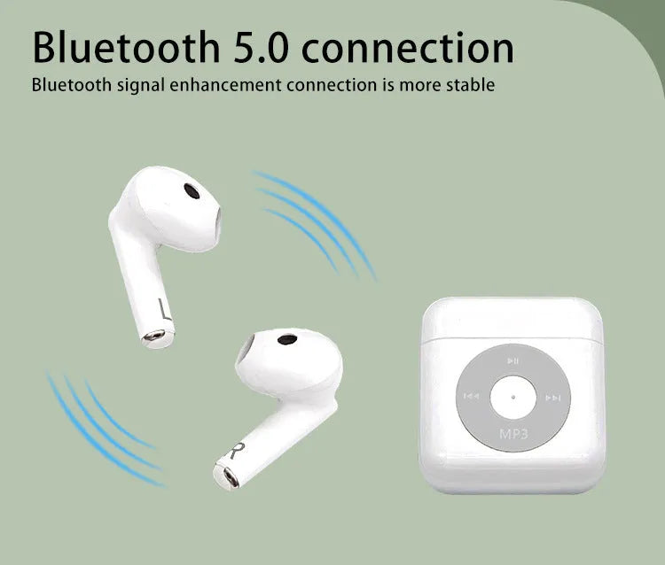 White wireless Bluetooth earphones with charging case on a white background.