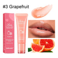 Four flavoured lip glosses in berry, grape, grapefruit, and yellow peach shades.