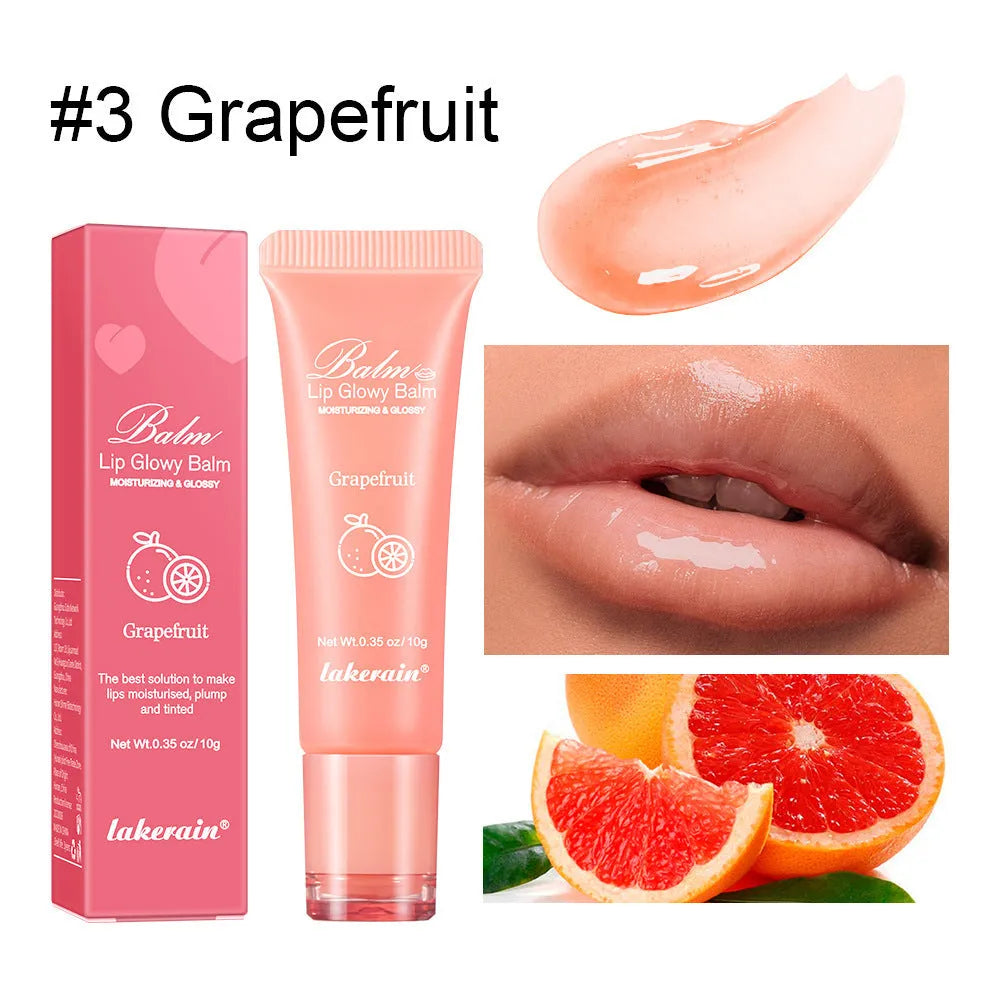 Four flavoured lip glosses in berry, grape, grapefruit, and yellow peach shades.