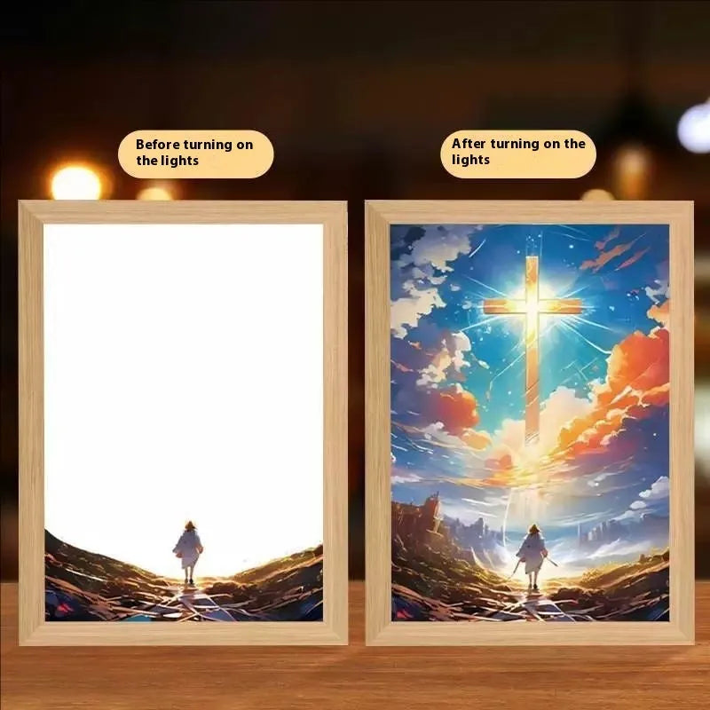 Modern rectangular LED light painting wall art with handmade frame showing illuminated design
