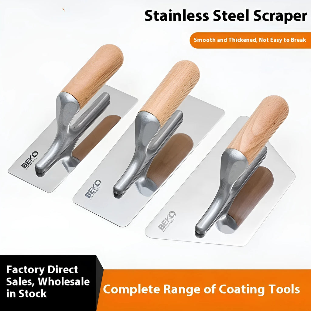 Stainless steel putty scraper with wooden handle for floor and wall decoration work.