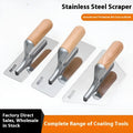 Stainless steel putty scraper with wooden handle for floor and wall decoration work.