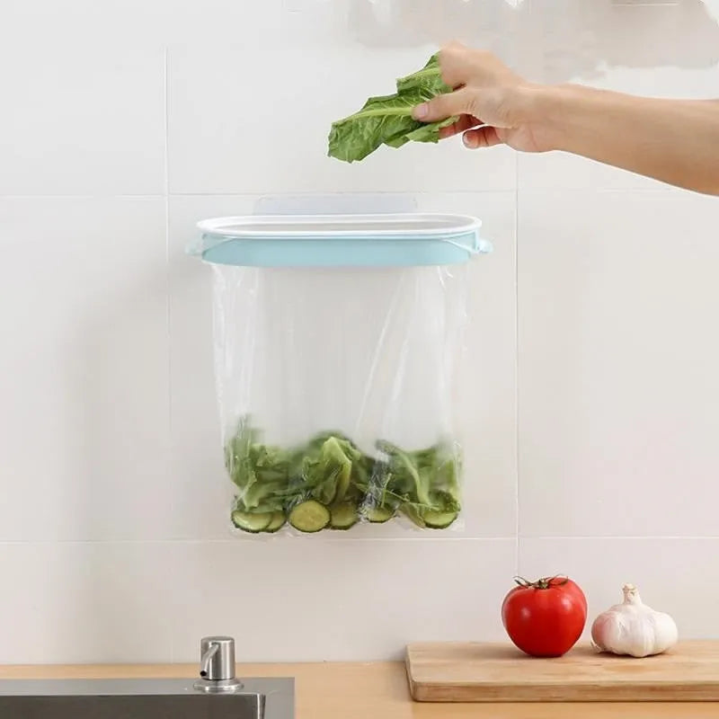 Blue plastic kitchen garbage bag storage rack on cabinet shelf