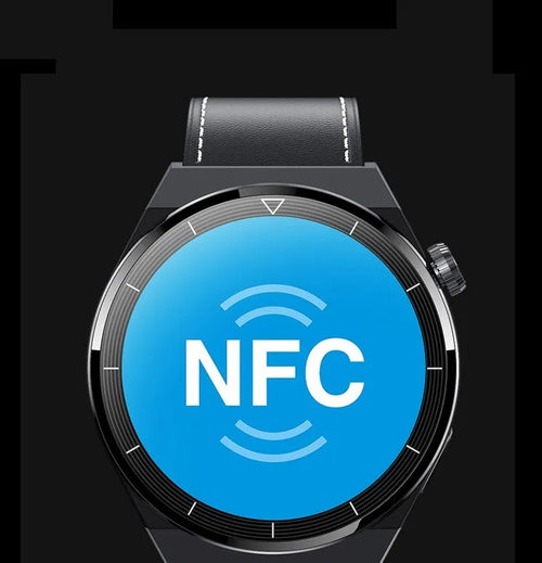 Round Bluetooth smart watch with NFC and calling functions on silicone band