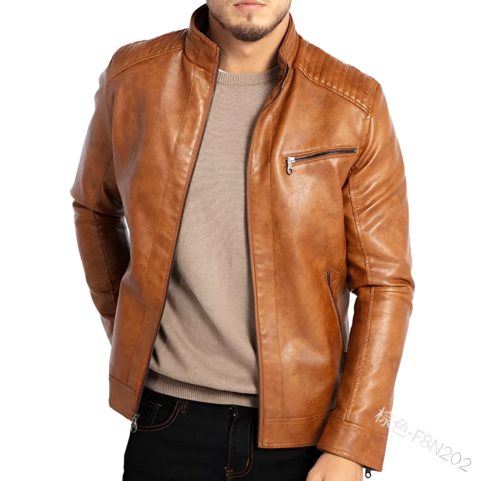 Men's brown punk-style artificial leather motorcycle jacket with a stand collar and patch pockets.
