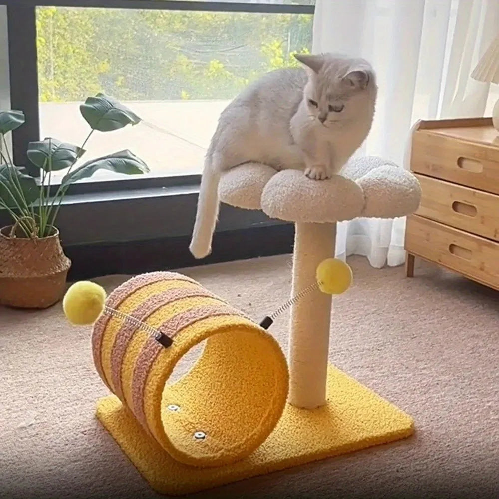 Yellow bee-themed cat climbing frame with sisal scratching board and play tunnel
