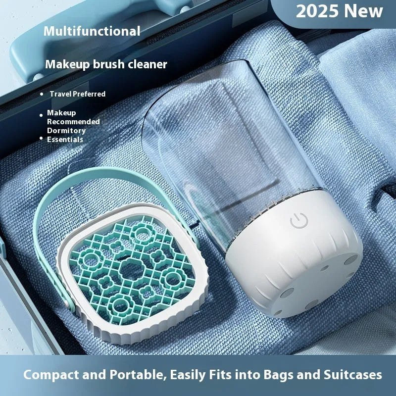 White rechargeable electric makeup brush cleaner with rotating brush head and USB cable