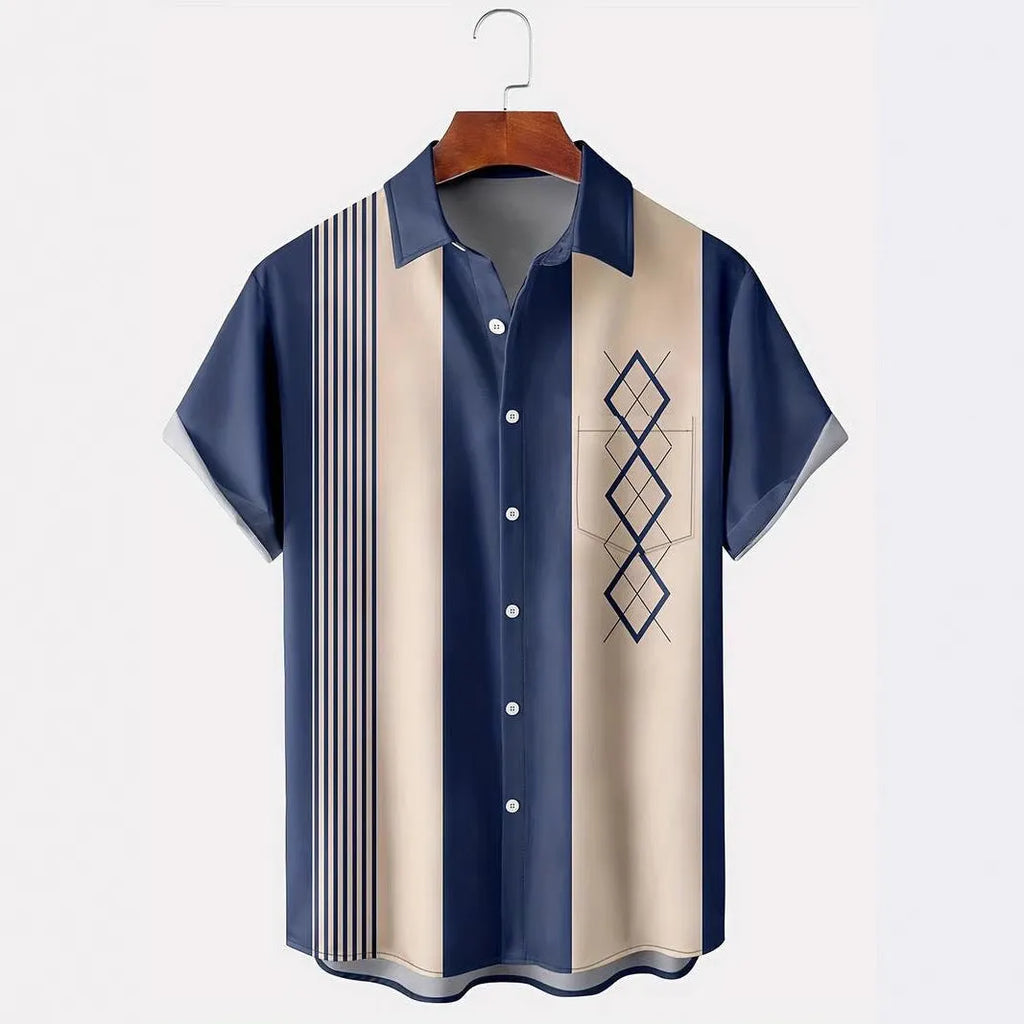 Man wearing a loose-fit plaid short-sleeved shirt with a lapel collar in a contrast colour pattern.