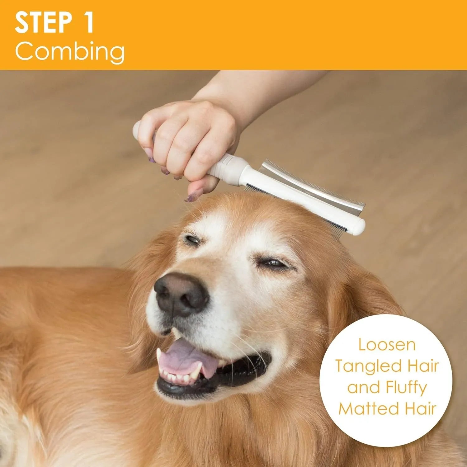 White double-sided dog and cat brush with curved comb and deshedding bristles on an ergonomic handle.
