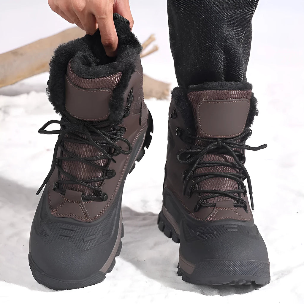 Men's black fleece-lined high-top lace-up boots with a flat heel on a ribbed sole