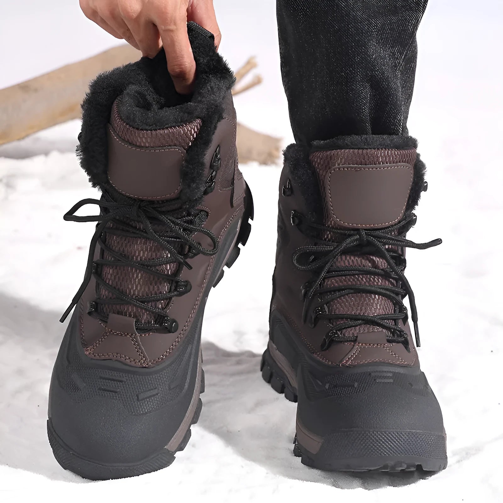 Men's black fleece-lined high-top lace-up boots with a flat heel on a ribbed sole