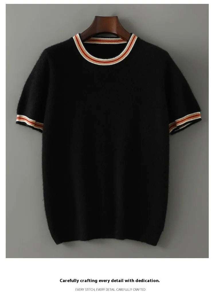 Men's white pure wool short sleeve round neck pullover sweater laid flat