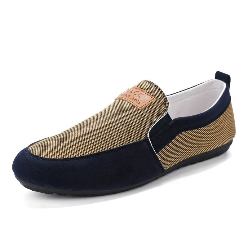 Men's grey and khaki canvas casual shoes with a round toe and rubber sole.