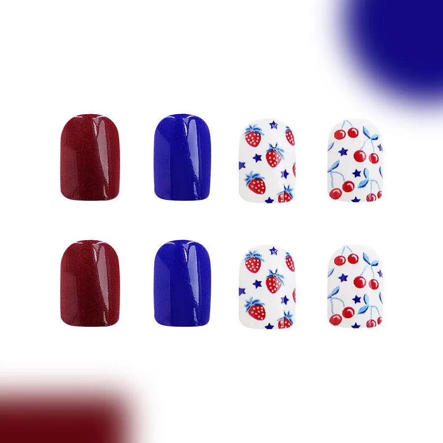 Short glossy nail stickers with red and blue strawberry and cherry pattern, 24 pieces.