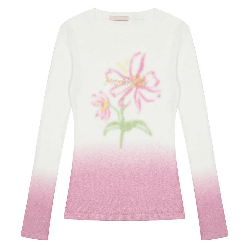 Yellow green and light pink gradient flower print on a women's long sleeve polyester t-shirt.