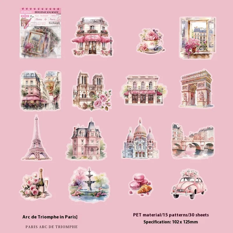 Holiday Journey Series architecture journal stickers in retro style showing six international landmark designs