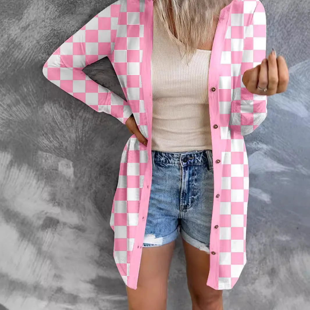 Women's long loose knitted cardigan coat with plaid contrast color pattern in street fashion style