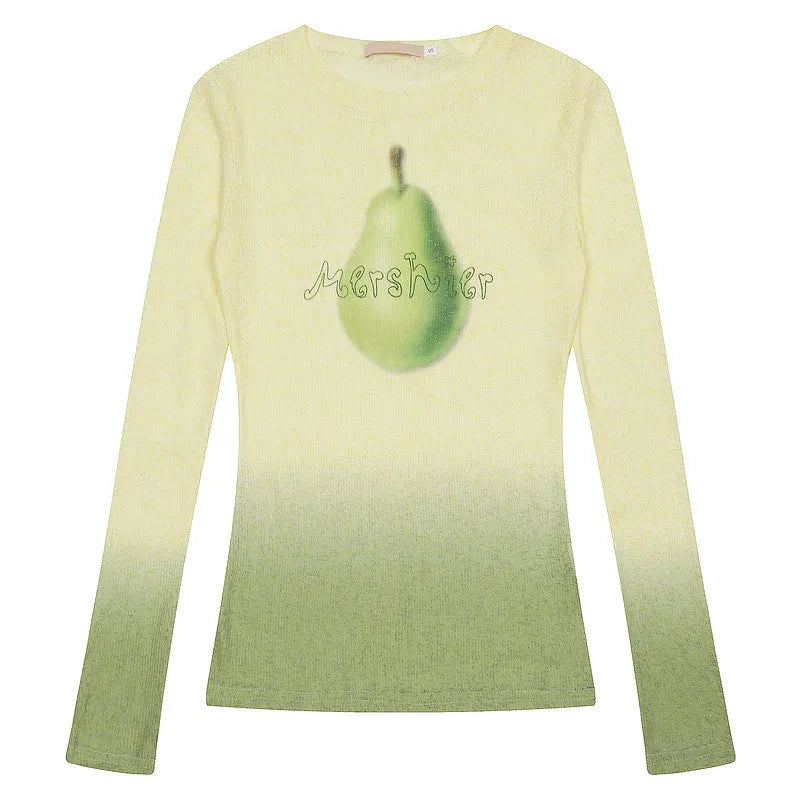 Yellow green and light pink gradient flower print on a women's long sleeve polyester t-shirt.