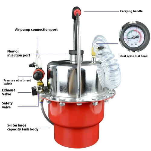 5 litre pneumatic brake fluid replacement machine with manual pressure regulator and transparent drain pipe for workshop brake bleeding