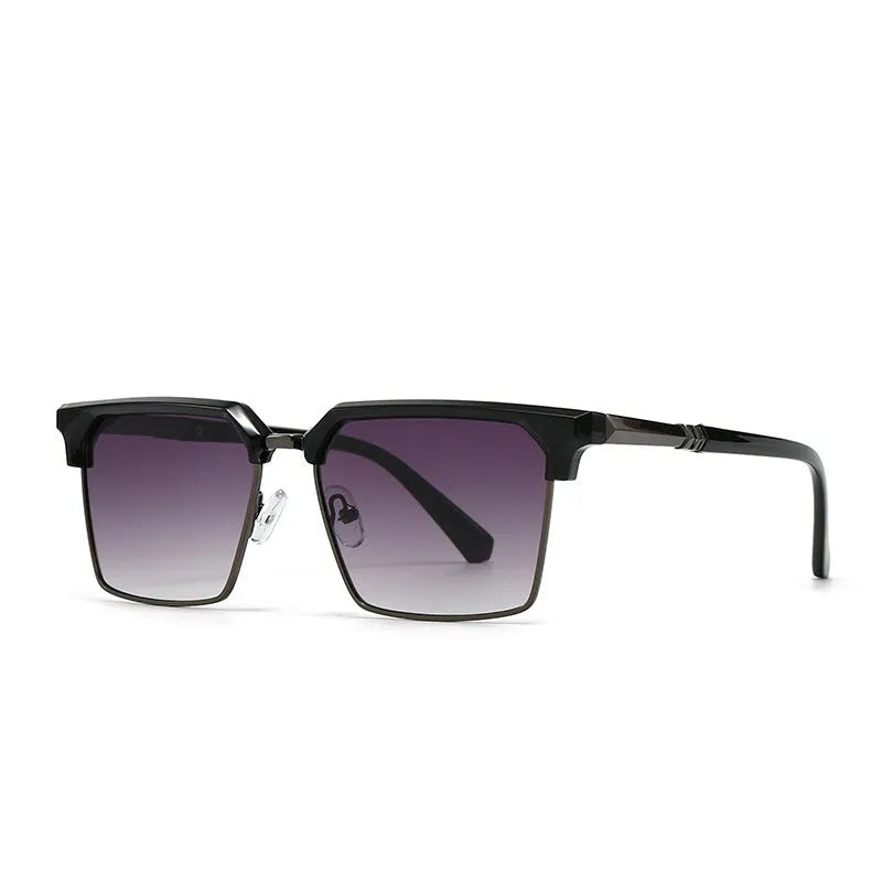Men's square sunglasses with plastic frames shown in six colour options including black, grey, tea, green and blue variations