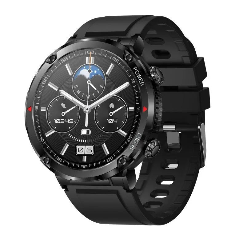 T30 Smart Watch in black on wrist showing display with health stats.