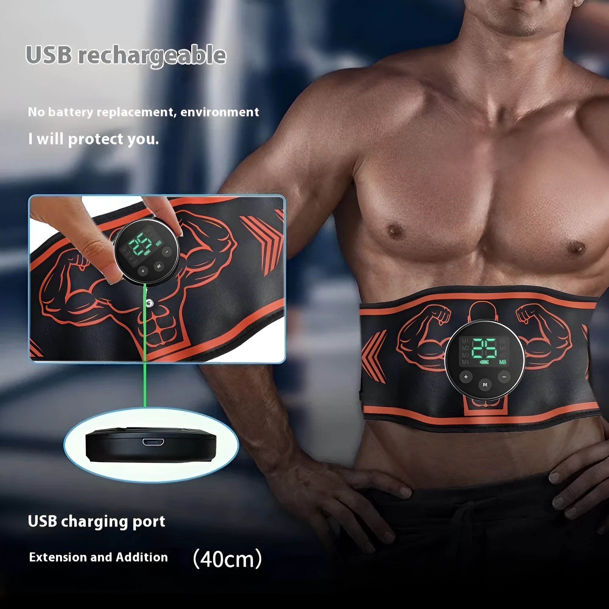 Smart EMS massage belt with rechargeable host unit and arm electrodes in orange and blue colour options