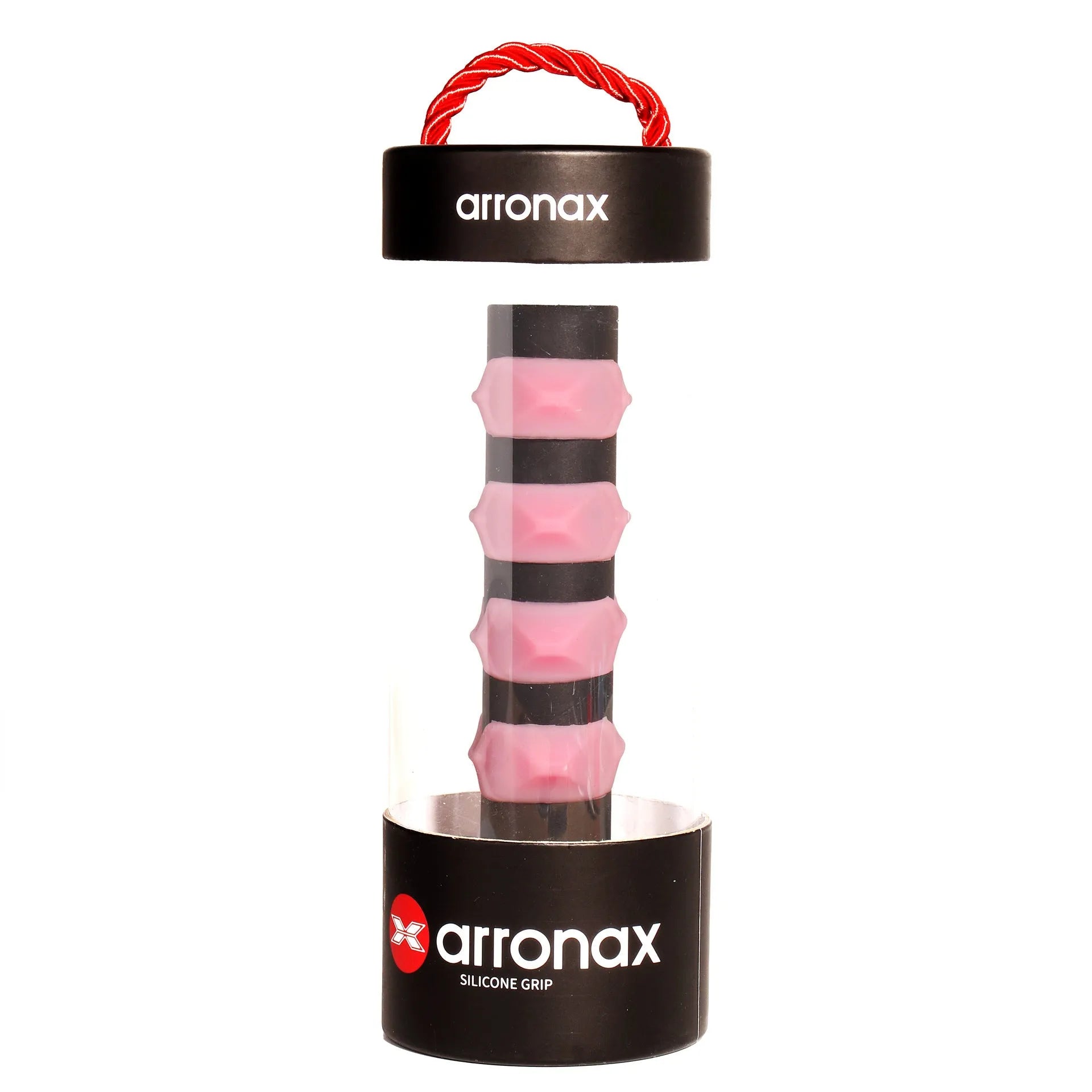 Silicone racket hand rubber buckle accessory shown in multiple colours next to a tennis racket.