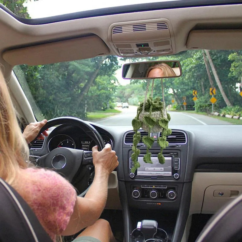 Green and white knitted wool car plant decoration with white hanging rope.