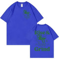 Loose-fit men's t-shirt with 'Rise and Grind' green coffee cartoon graphic in linen blend fabric