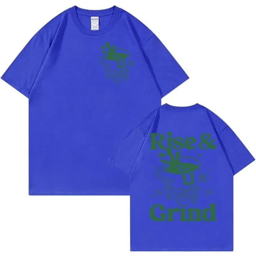 Loose-fit men's t-shirt with 'Rise and Grind' green coffee cartoon graphic in linen blend fabric