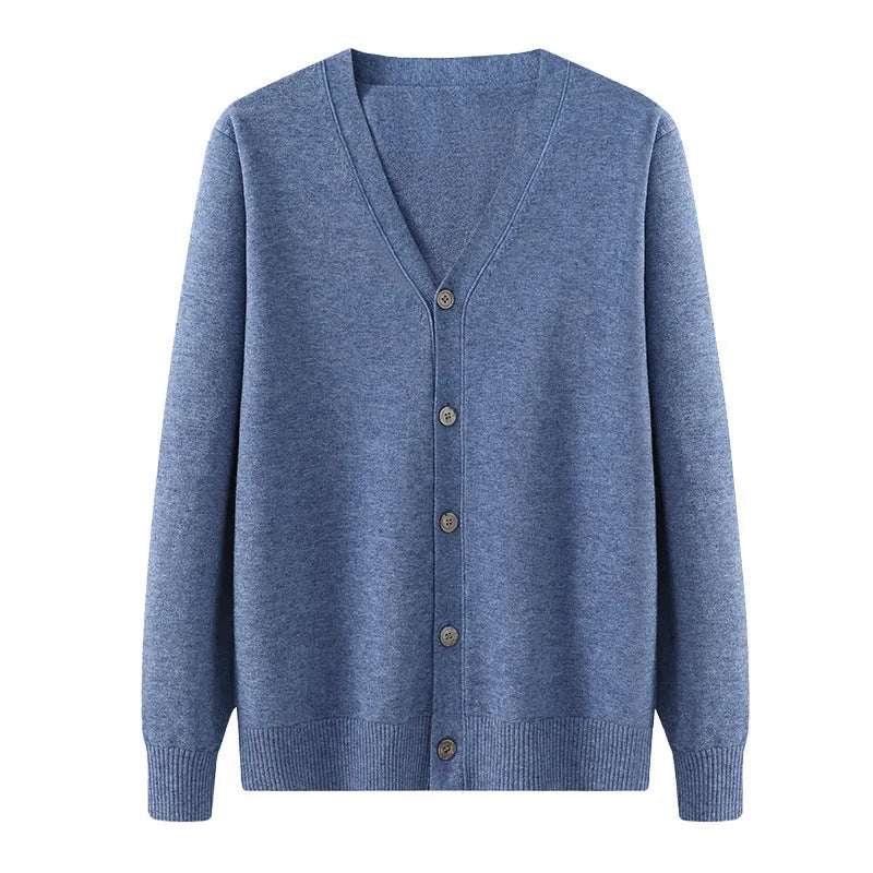 Man modelling a loose V-neck cardigan coat in Andy Velvet knitted fabric.