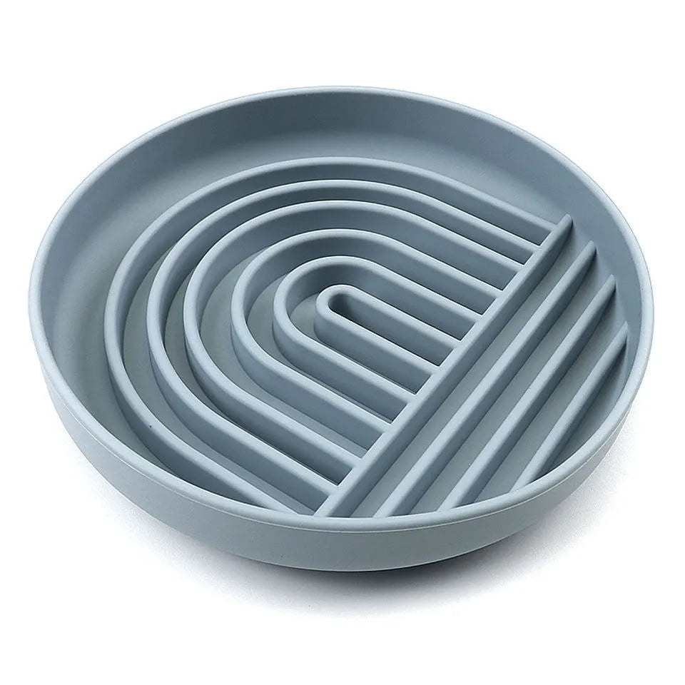 Silicone slow feeder dog bowl with textured ridges, shown in mustard green colour