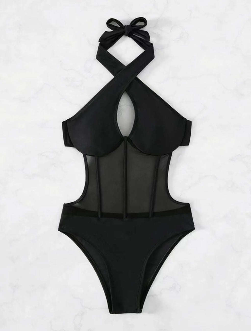Women's black one-piece swimsuit with spun yarn construction in nylon-spandex blend for swimming