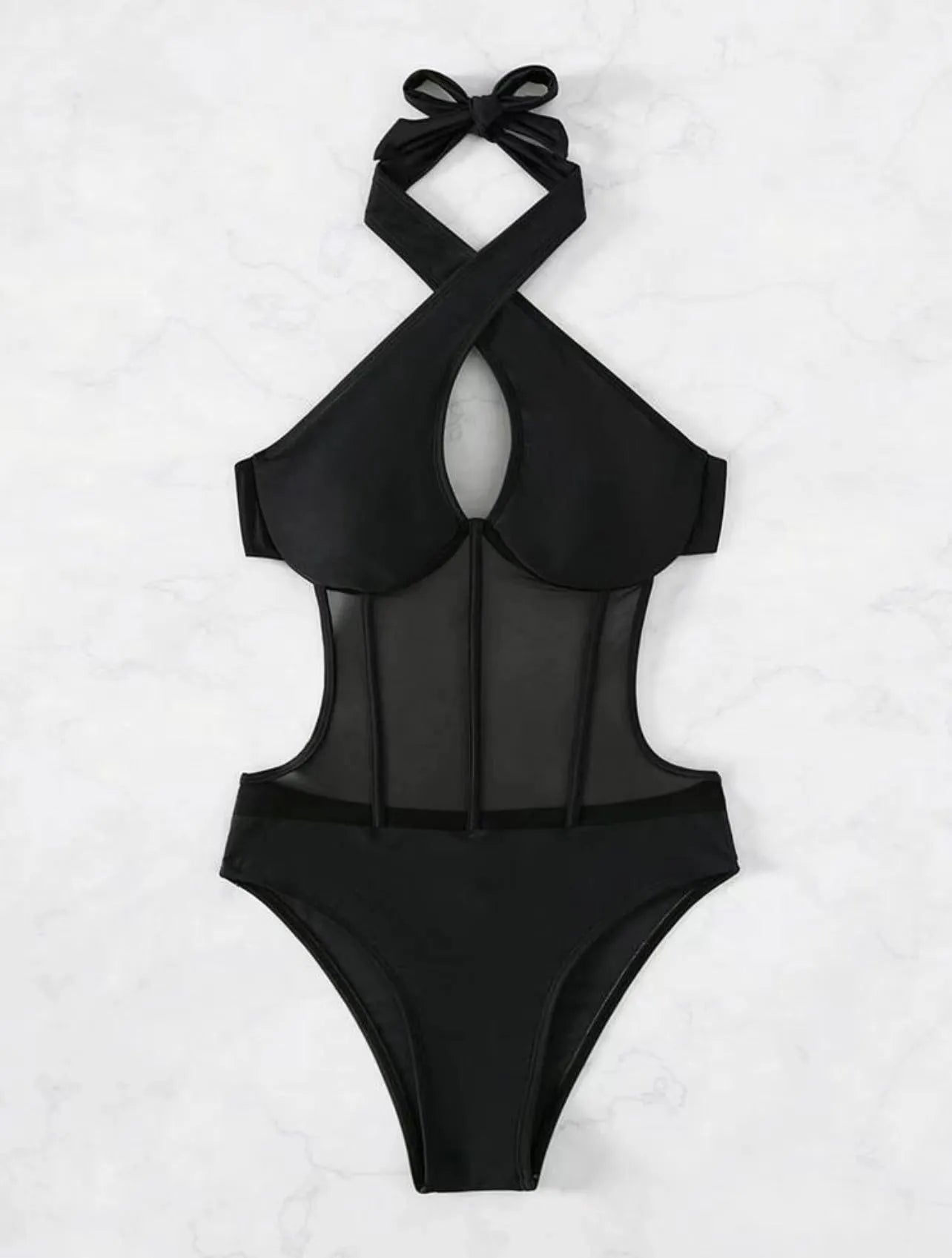 Women's black one-piece swimsuit with spun yarn construction in nylon-spandex blend for swimming