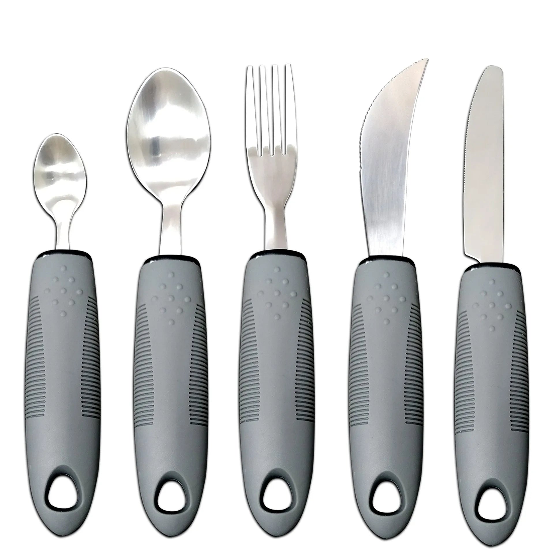 Stainless steel adaptive spoon with black rubber anti-shake handle for elderly food aid.