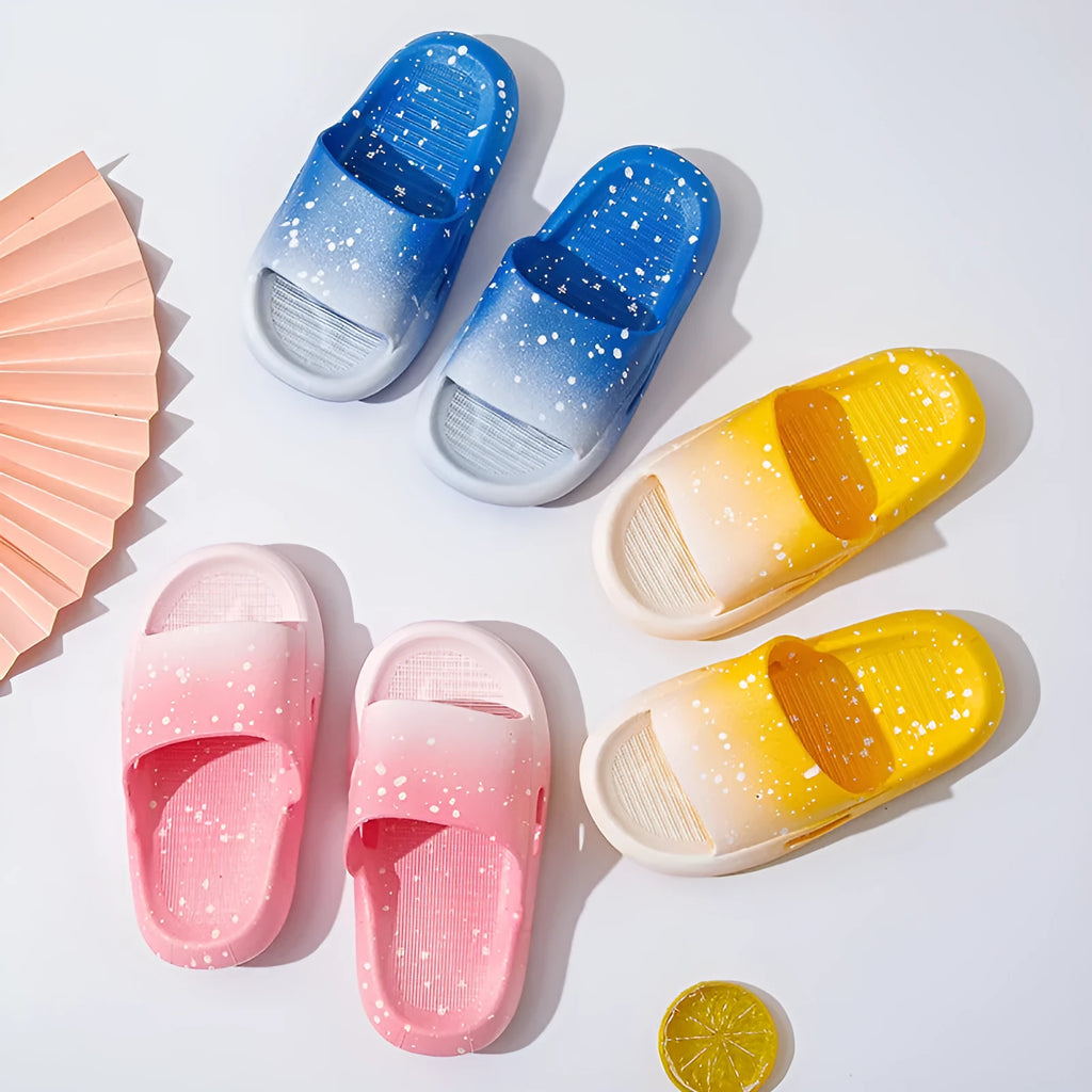 Gradient blue children's PVC slipper sandals on a white background, showing the non-slip sole.