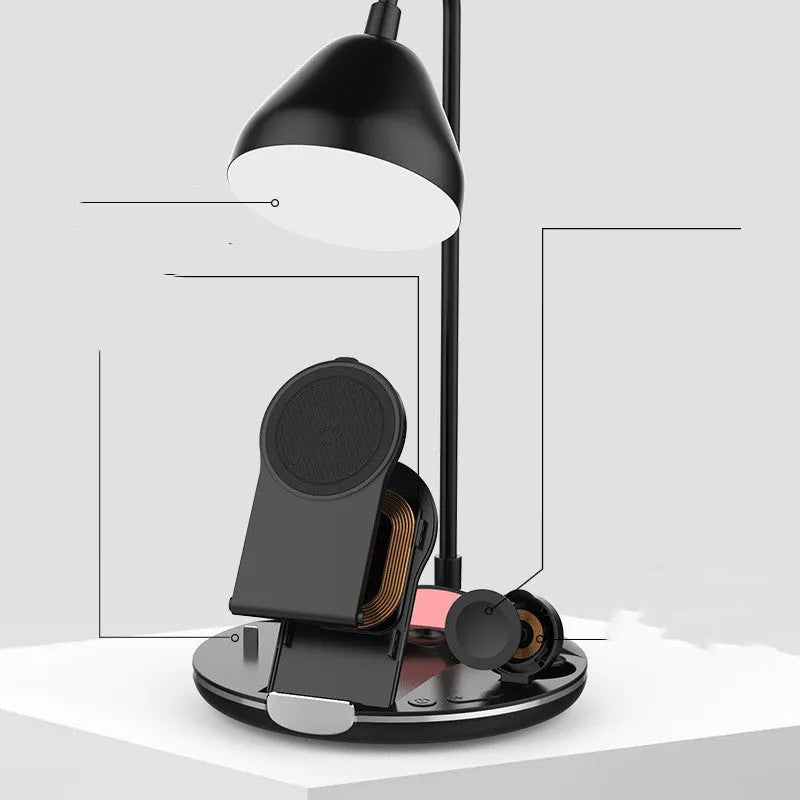 Black magnetic folding wireless charger showing unfolded position with USB cable