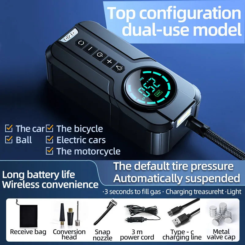 Black portable wireless car tyre inflator with digital display, 6000mAh battery, and a kit of nozzle attachments on a grey background.