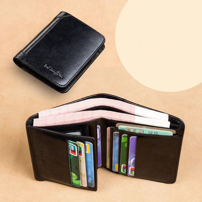 Men's black leather wallet open to show internal compartments: photo slot, card slots, banknote folder, and change pocket.