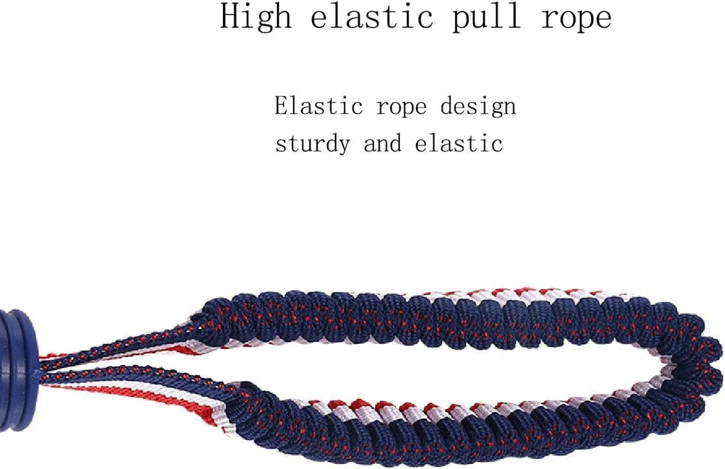 Blue dog ball with rope toy showing 29cm length and textured 6.5cm rubber ball
