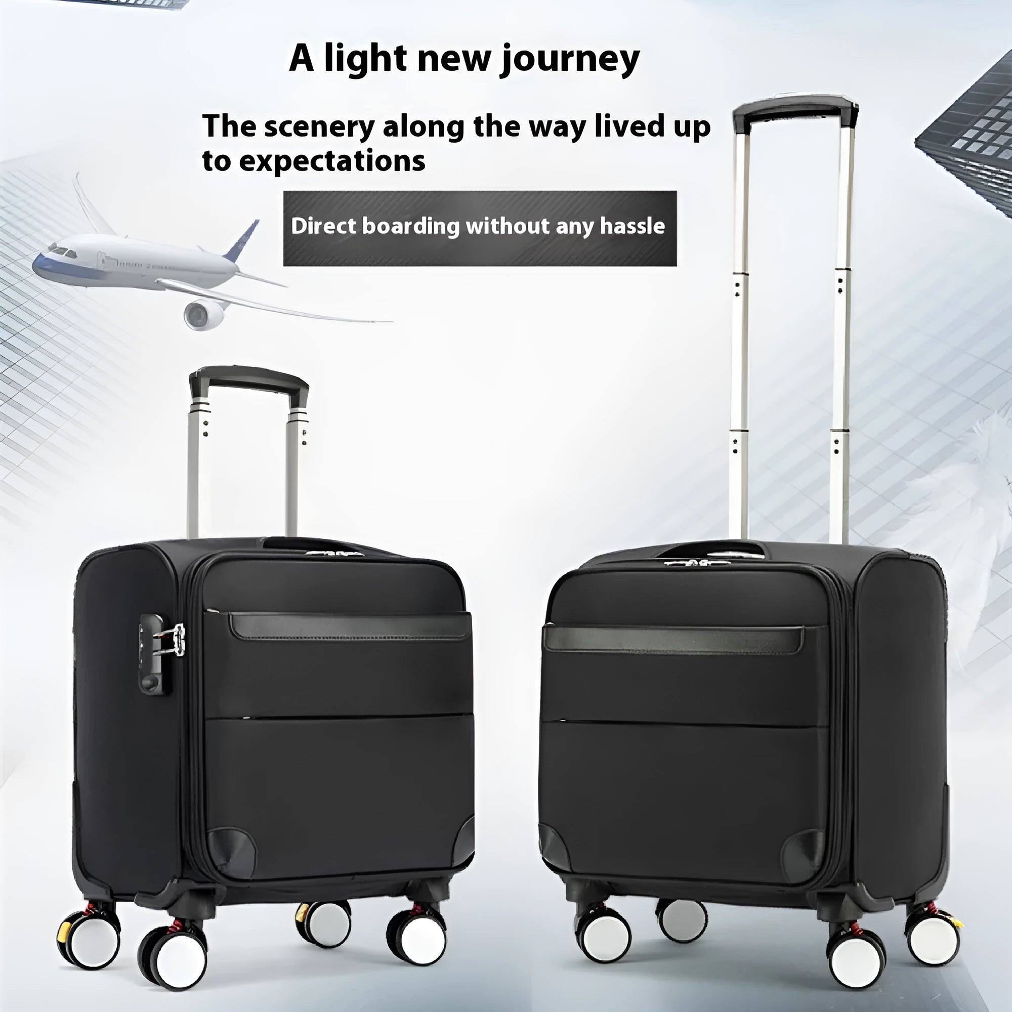 Black 18-inch Oxford cloth carry-on suitcase with retractable trolley handle and universal wheels.