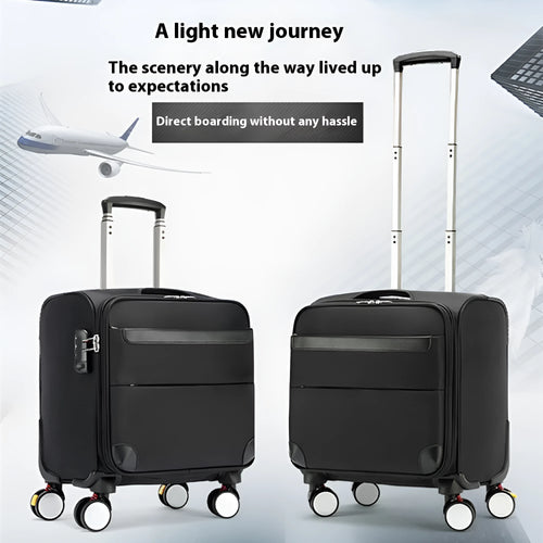 Black 18-inch Oxford cloth carry-on suitcase with retractable trolley handle and universal wheels.
