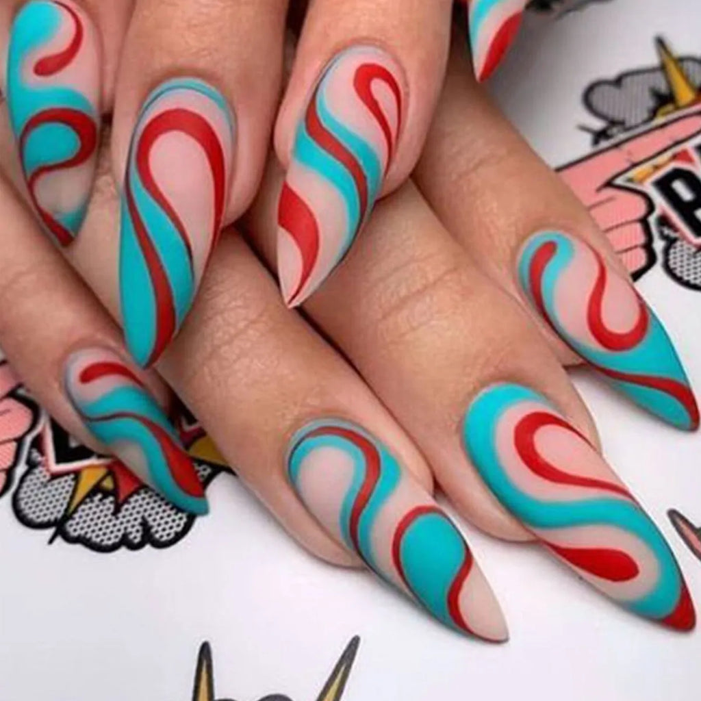 Almond-shaped European Square style nail stickers with colourful lines and rainbow patterns in four colour designs