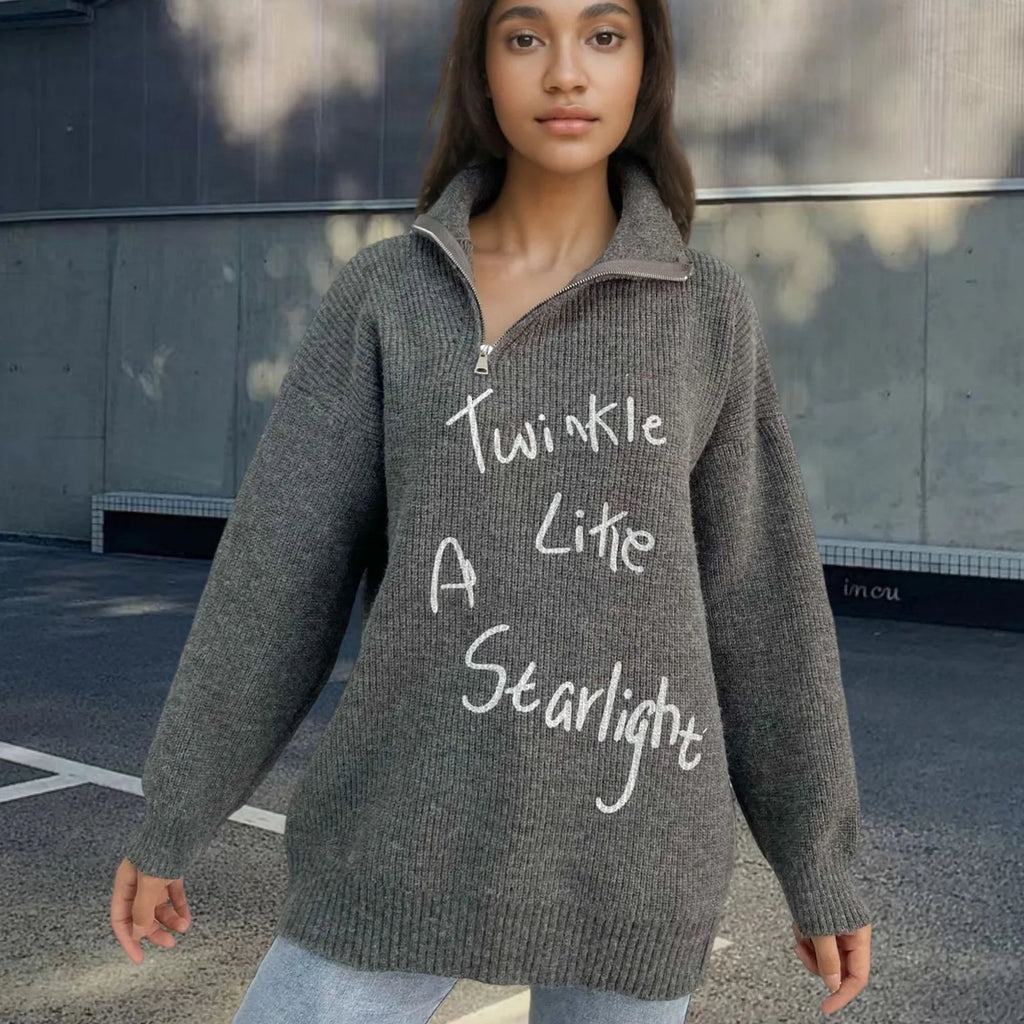 Women's alpaca fleece pullover sweater with an oblique chest zipper and retro turtleneck.