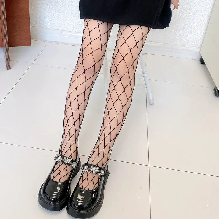 Women's mesh stockings showing large, medium, and small net patterns in black and white colours