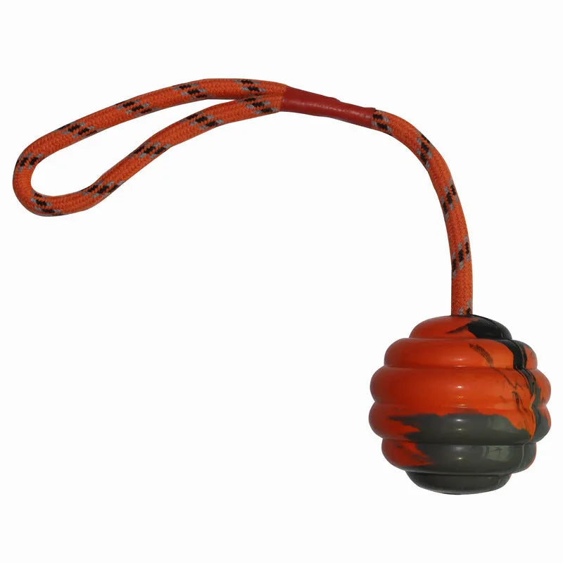 Multi-colour rubber dog toy ball with rope knot design measuring 6×30 cm